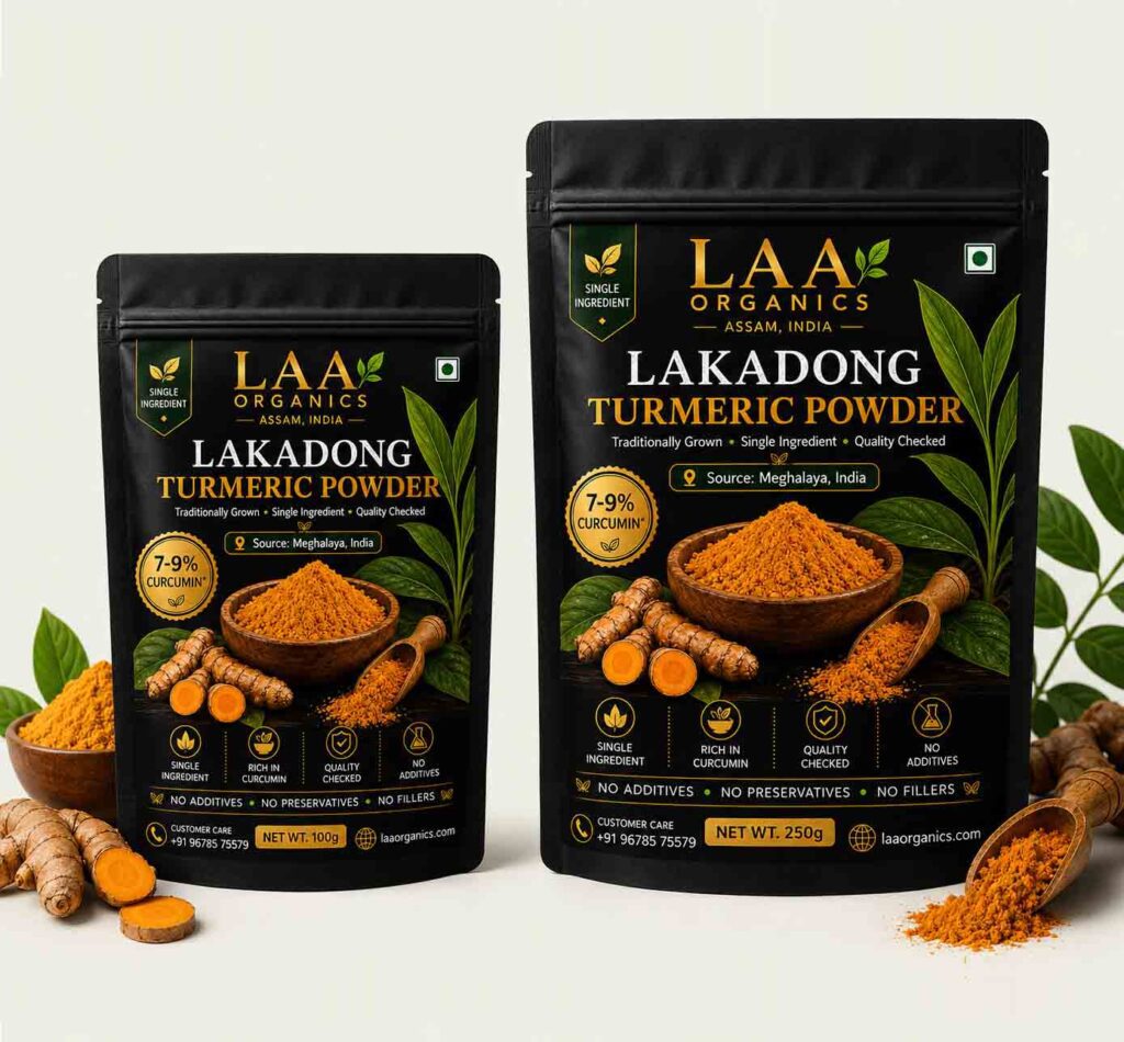 LAA Organics Lakadong Turmeric Powder stand-up pouches 100g and 250g with 7-9% curcumin from Meghalaya