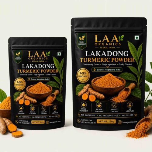 LAA Organics Lakadong Turmeric Powder stand-up pouches 100g and 250g with 7-9% curcumin from Meghalaya