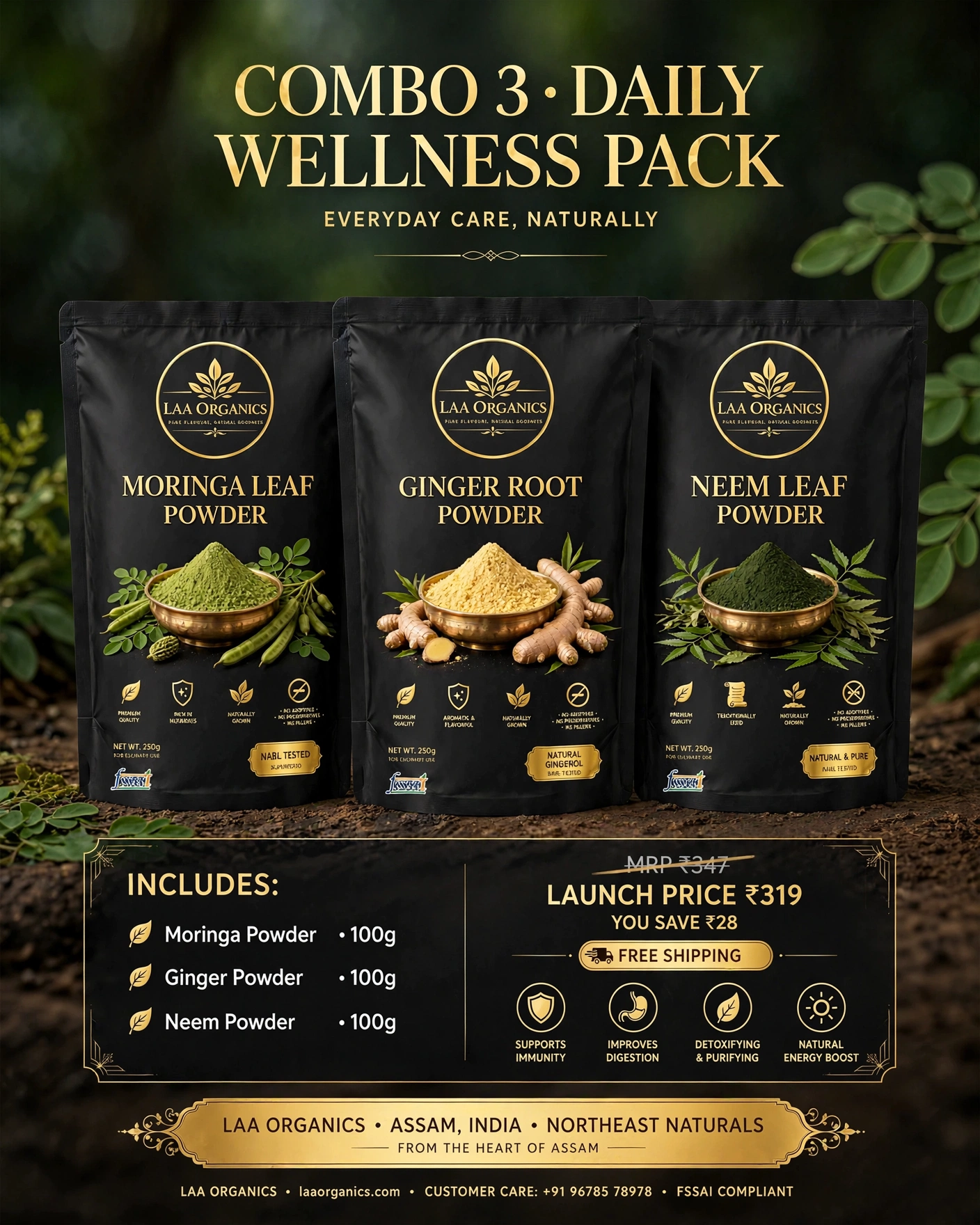 Daily Wellness Pack | Moringa, Ginger & Neem Powder Combo