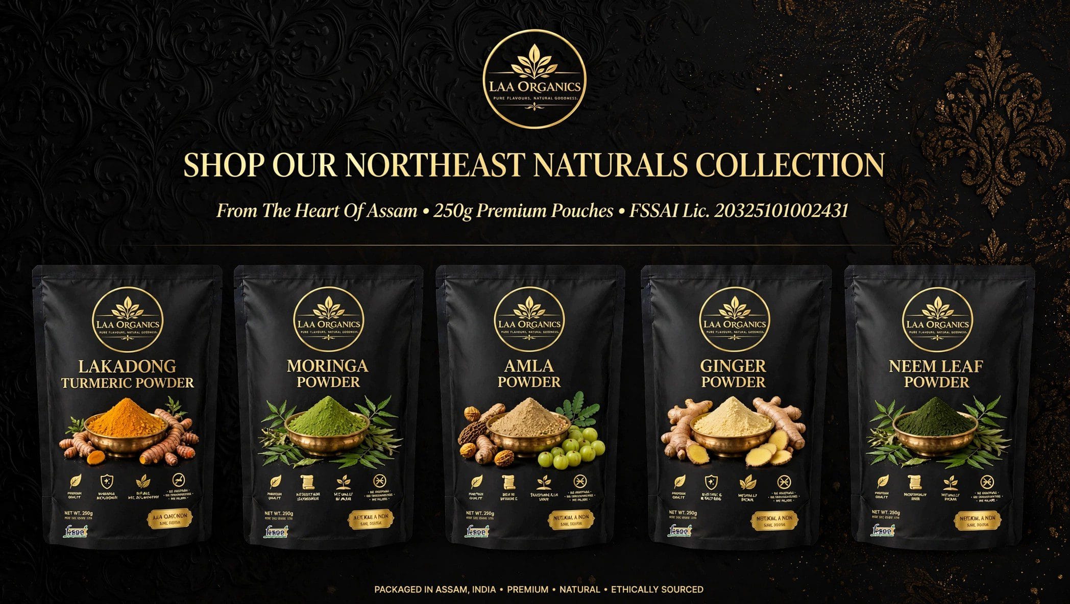 LAA Organics premium natural foods banner featuring Amla Powder, Moringa Powder, Lakadong Turmeric Powder, Ginger Powder and Neem Powder with the tagline Nature's Finest. Pure by Choice.