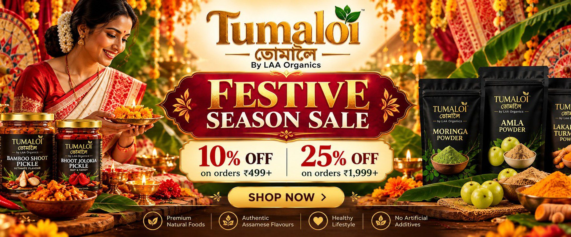 Tumaloi Festive Season Sale by LAA Organics - 10% OFF on orders Rs 499+ and 25% OFF on Rs 1999+ - Authentic Assamese Bamboo Shoot Pickle, Bhoot Jolokia Pickle, Moringa, Amla and Lakadong Turmeric Powder